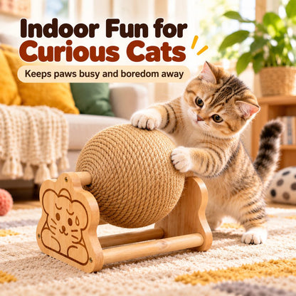Indoor cat playing with a rotating sisal scratching ball
