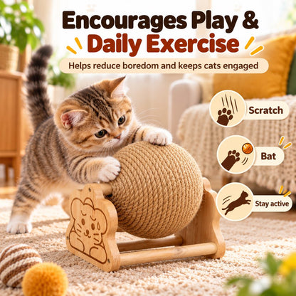 Cat scratching and batting a rotating sisal ball