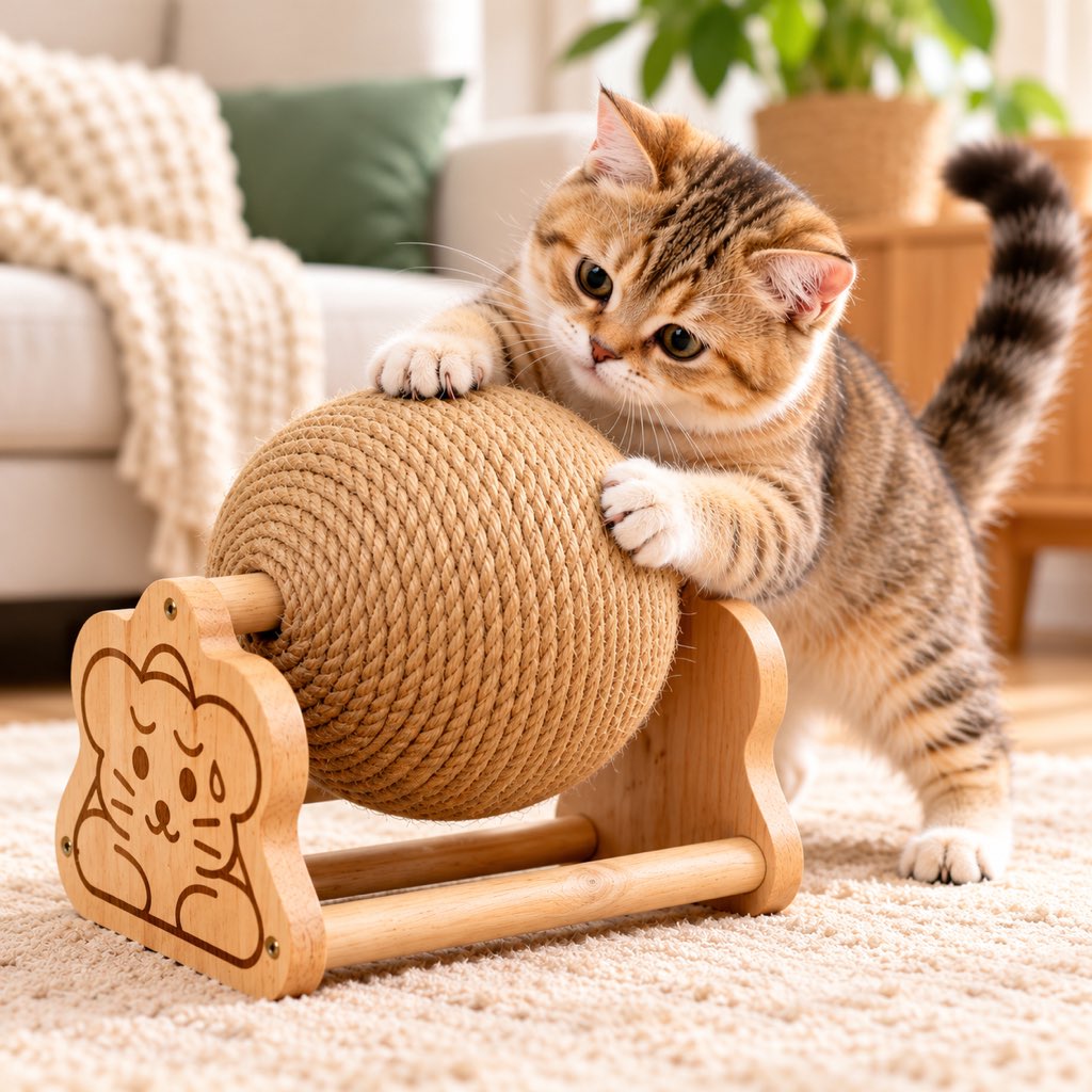 Natural wood sisal cat scratching ball with a rotating wooden stand