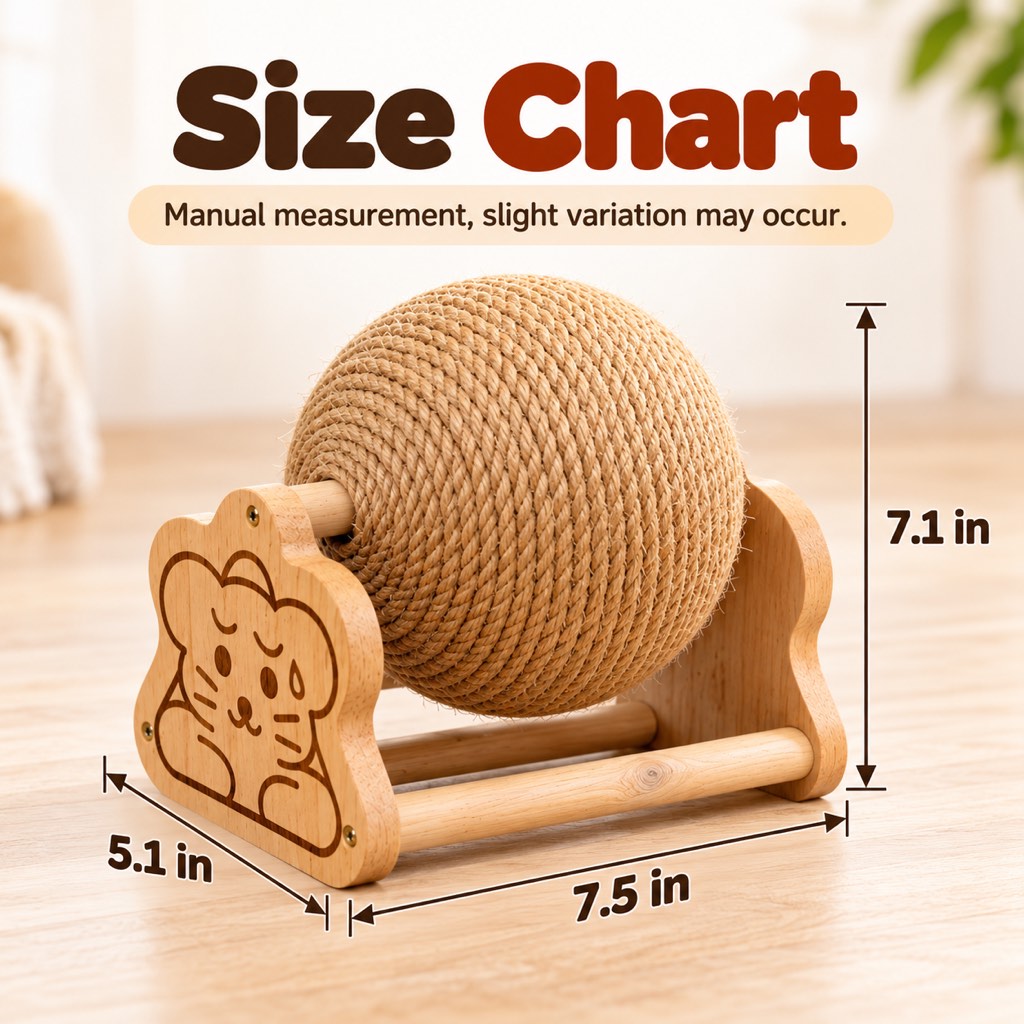Sisal cat scratching ball size chart showing 7.5 by 5.1 by 7.1 inches