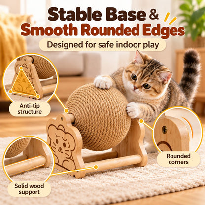 Solid wooden base and rounded support of a sisal cat scratching ball