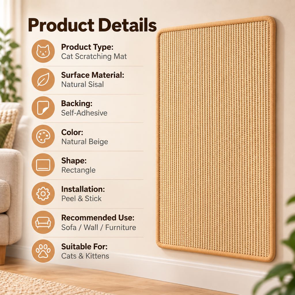 Paws in Awe Self-Adhesive Sisal Cat Scratching Mat for Sofas & Walls - Helps Protect Furniture from Scratches