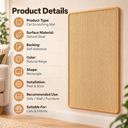 Paws in Awe Self-Adhesive Sisal Cat Scratching Mat for Sofas & Walls - Helps Protect Furniture from Scratches