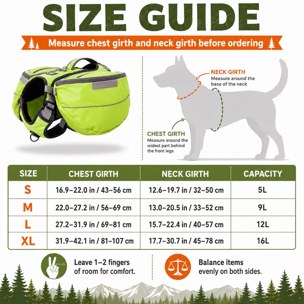 Size guide for dog saddlebag backpack harness
