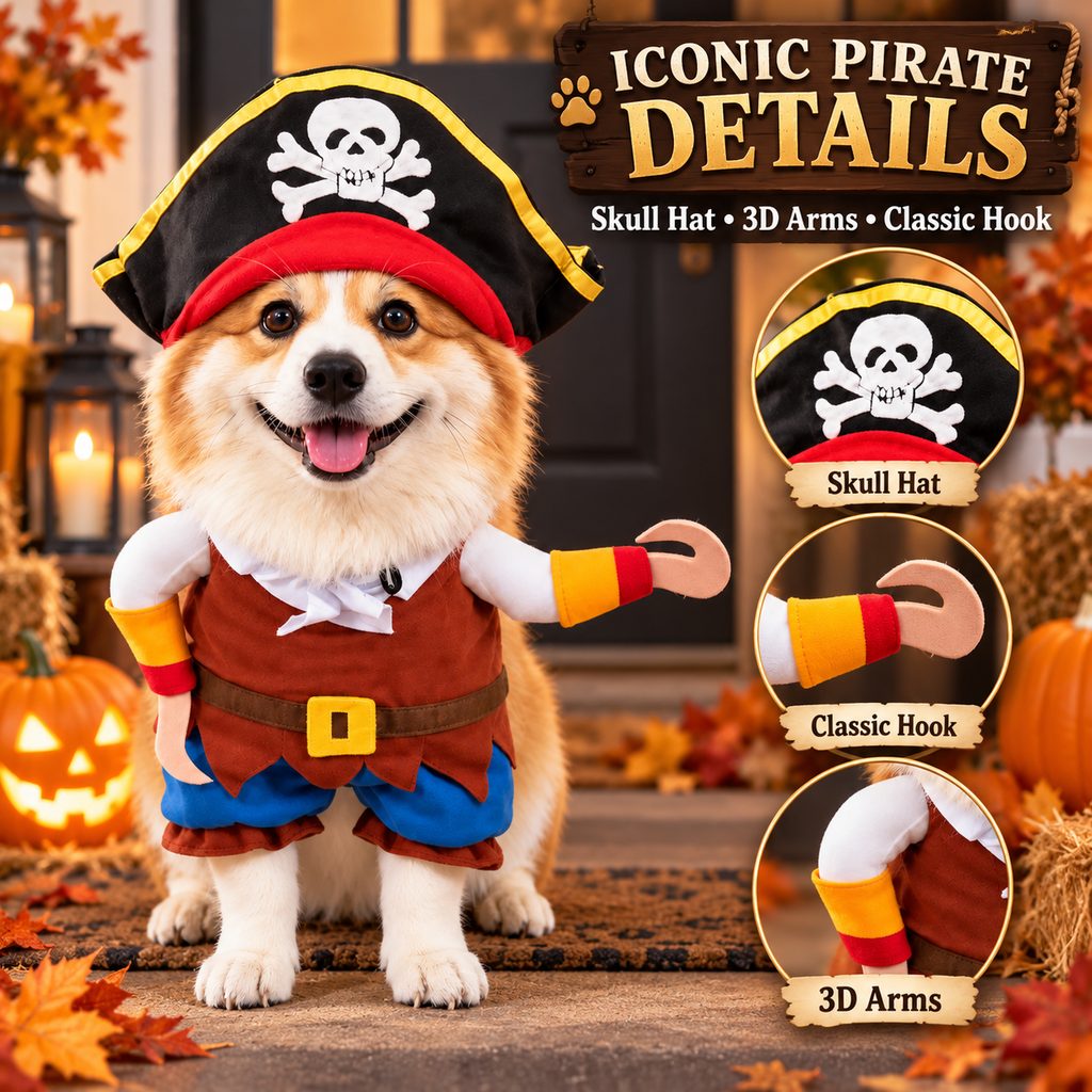 Skull pirate hat detail on Halloween dog costume