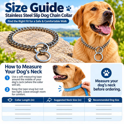 Stainless steel slip chain dog collar size guide in inches