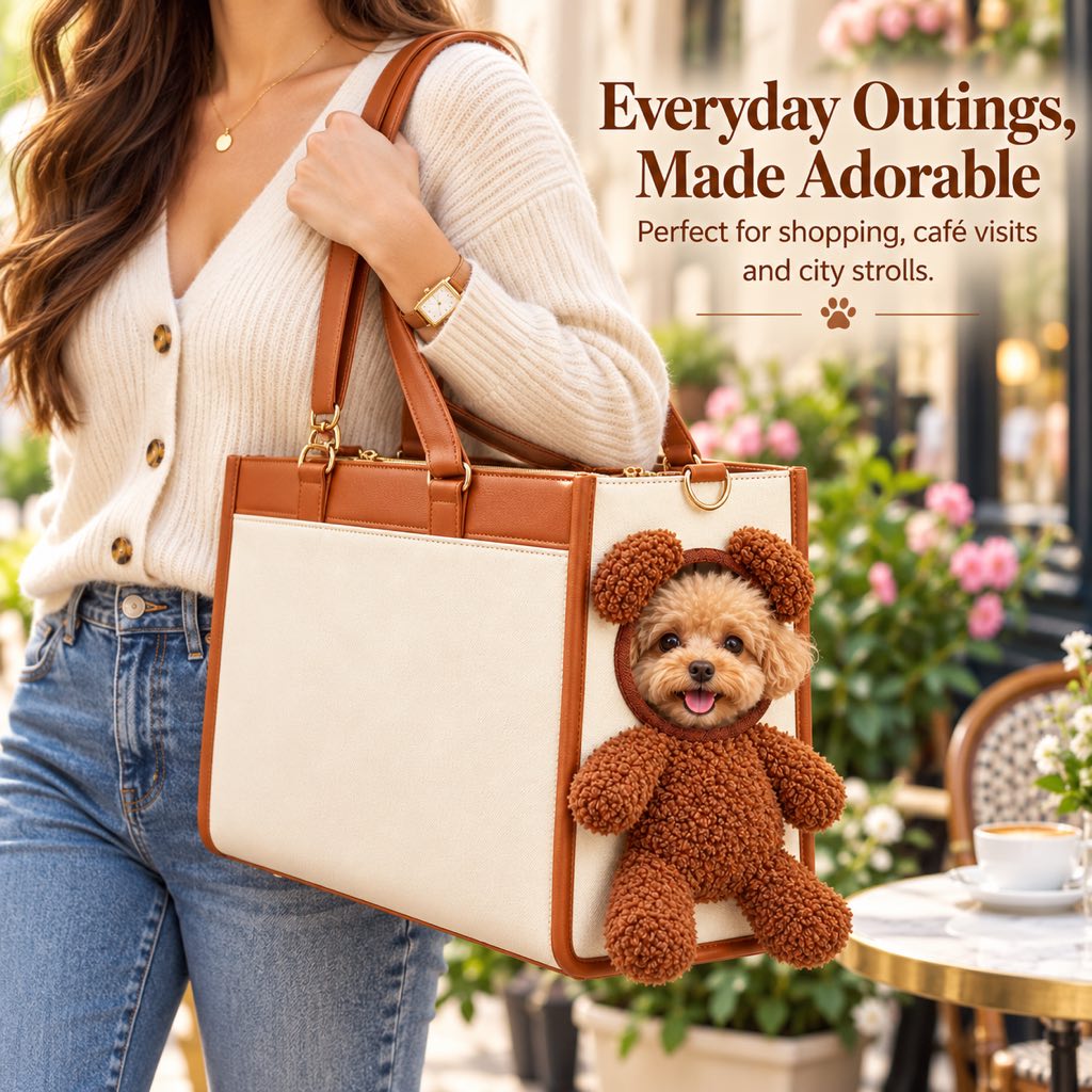 Cream and brown teddy bear carrier tote for supervised city outings