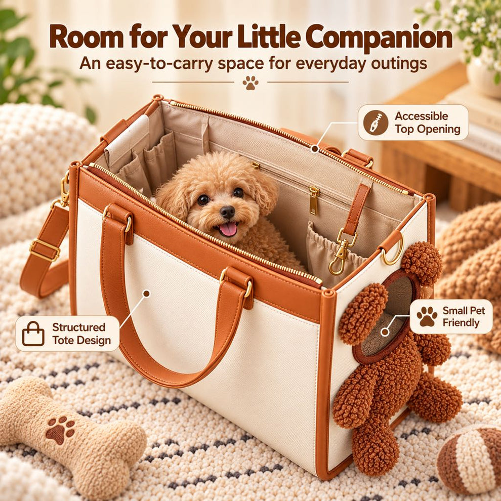 Interior and accessible top opening of a teddy bear pet carrier tote