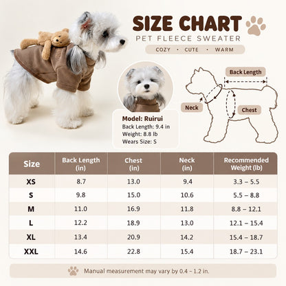 Teddy bear fleece dog sweater size chart in inches for XS through XXL