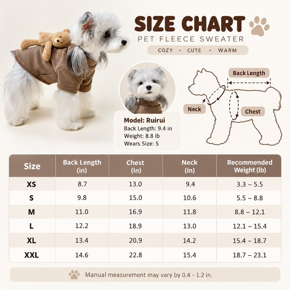 Teddy bear fleece dog sweater size chart in inches for XS through XXL