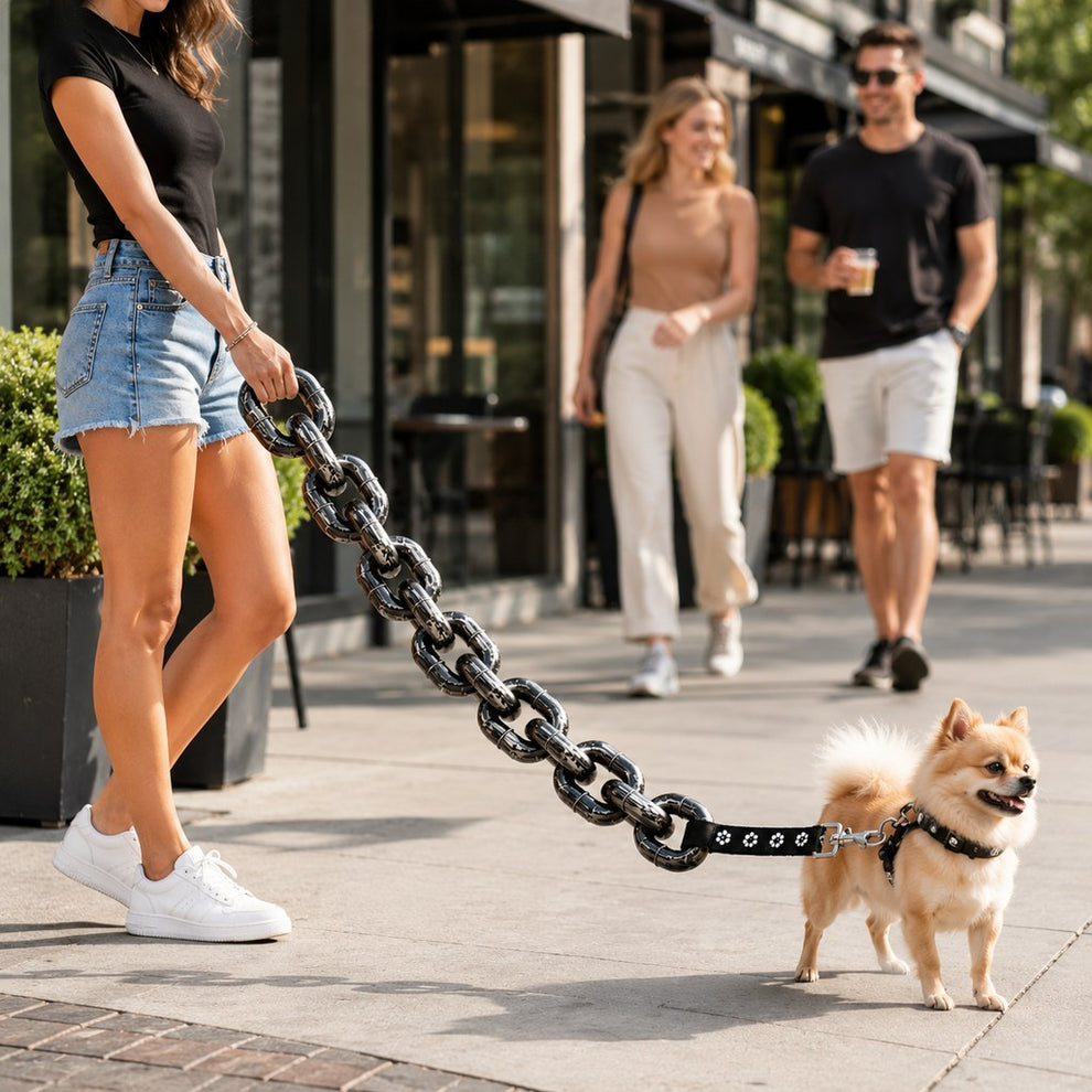 Small dog walking with oversized chain-look leash