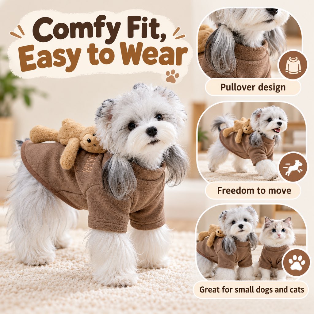 Coffee brown small dog pullover sweater fit and sleeve details