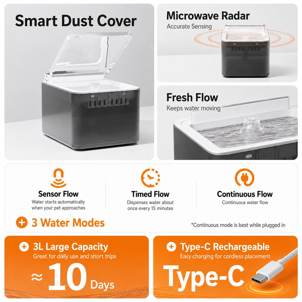 Paws in Awe Smart Auto-Lid Cat Water Fountain for Busy Cat Parents - 3L Cordless Pet Water Dispenser with Dust Cover, Motion Sensor & Type-C Charging image 9