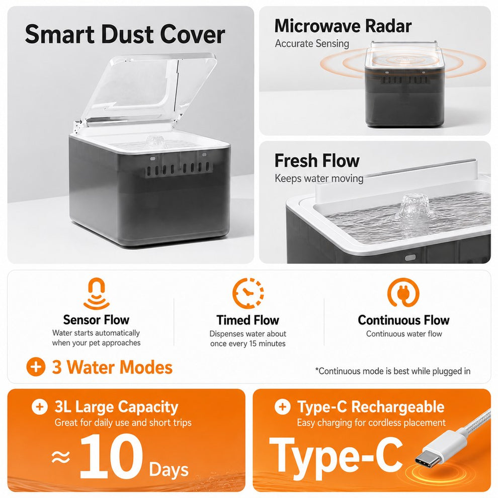Paws in Awe Smart Auto-Lid Cat Water Fountain for Busy Cat Parents - 3L Cordless Pet Water Dispenser with Dust Cover, Motion Sensor & Type-C Charging image 9