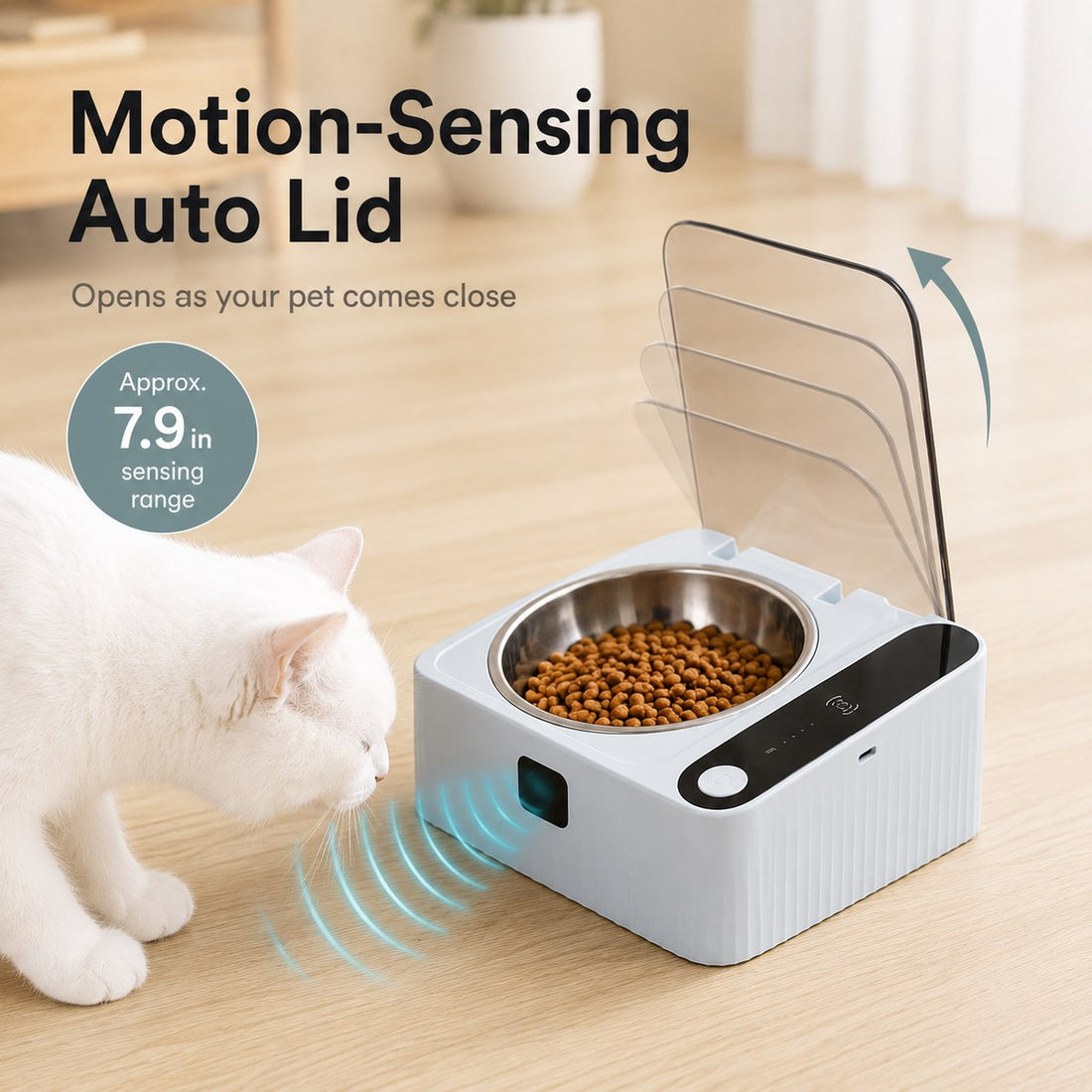 Motion-sensing auto lid opens when your cat comes close to the covered pet bowl.