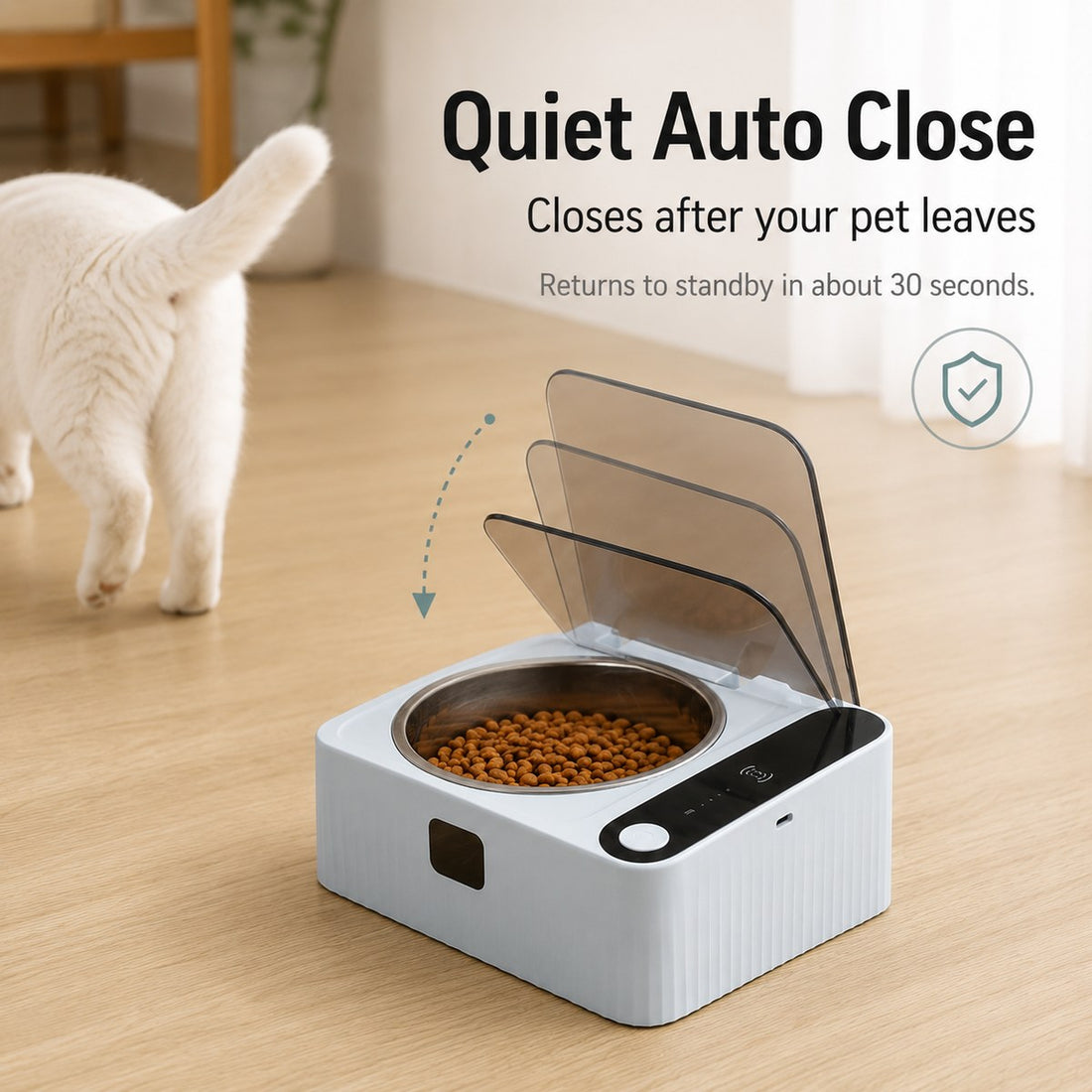 Quiet auto close lid returns to standby after your pet leaves the smart covered bowl.