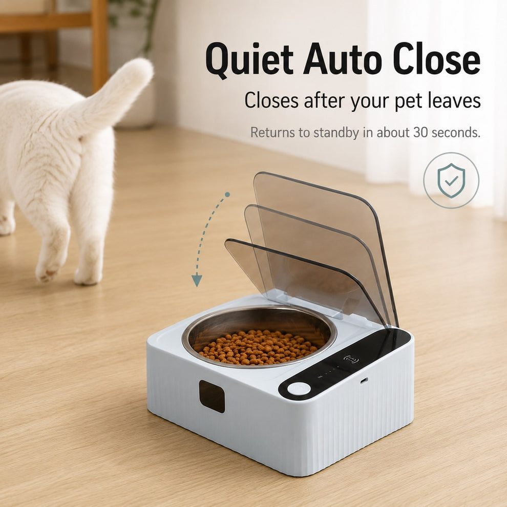 Quiet auto close lid returns to standby after your pet leaves the smart covered bowl.