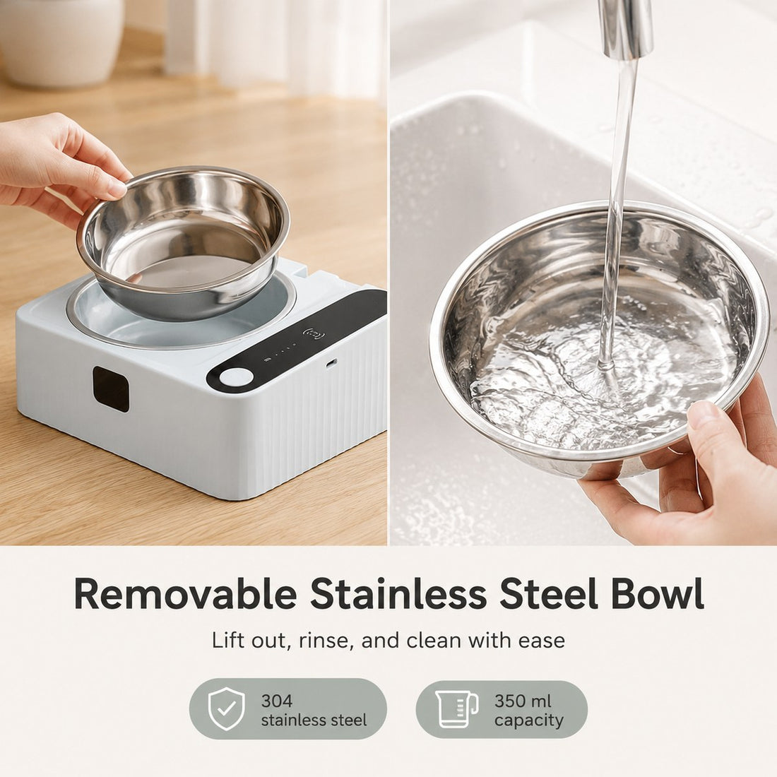 Removable 304 stainless steel bowl lifts out for easy rinsing and cleaning.