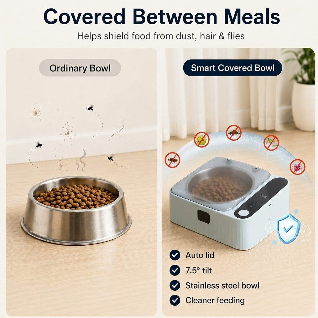 Smart covered cat bowl helps keep food covered from dust, pet hair, and small flying insects between meals.