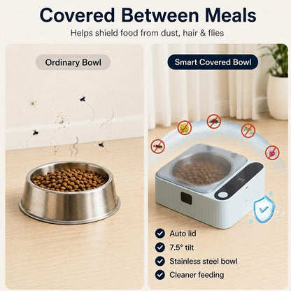 Smart covered cat bowl helps keep food covered from dust, pet hair, and small flying insects between meals.