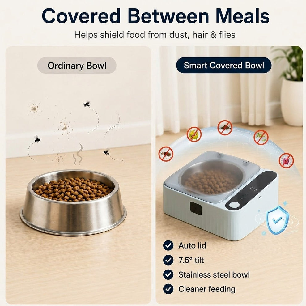 Smart covered cat bowl helps keep food covered from dust, pet hair, and small flying insects between meals.