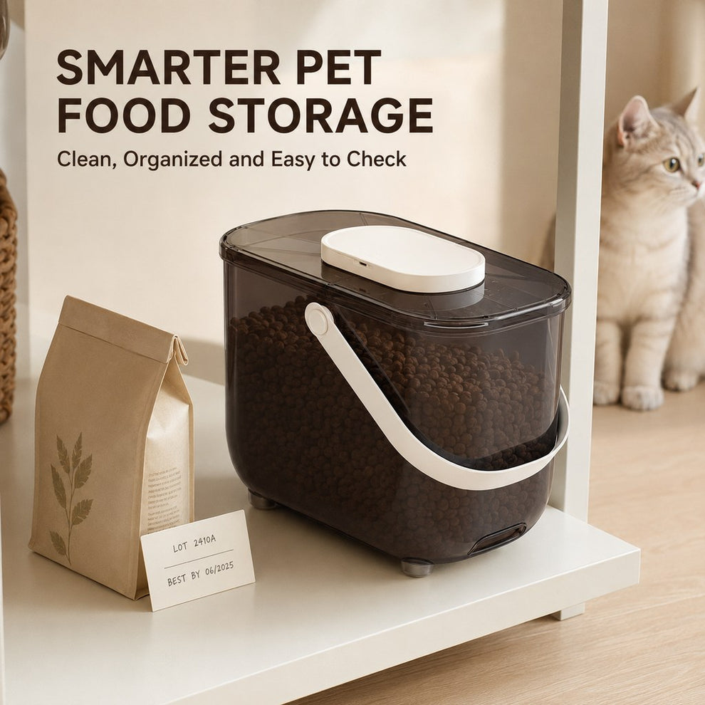 Smart pet food storage container for pantry organization