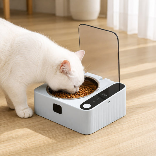 Smart motion sensor covered cat bowl for cleaner indoor feeding.
