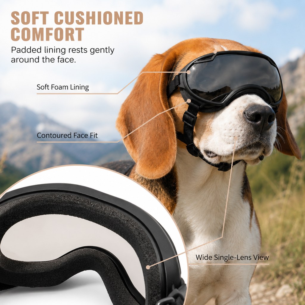 Soft cushioned lining on outdoor dog goggles