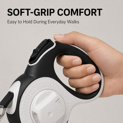 Soft-grip handle on LED retractable dog leash