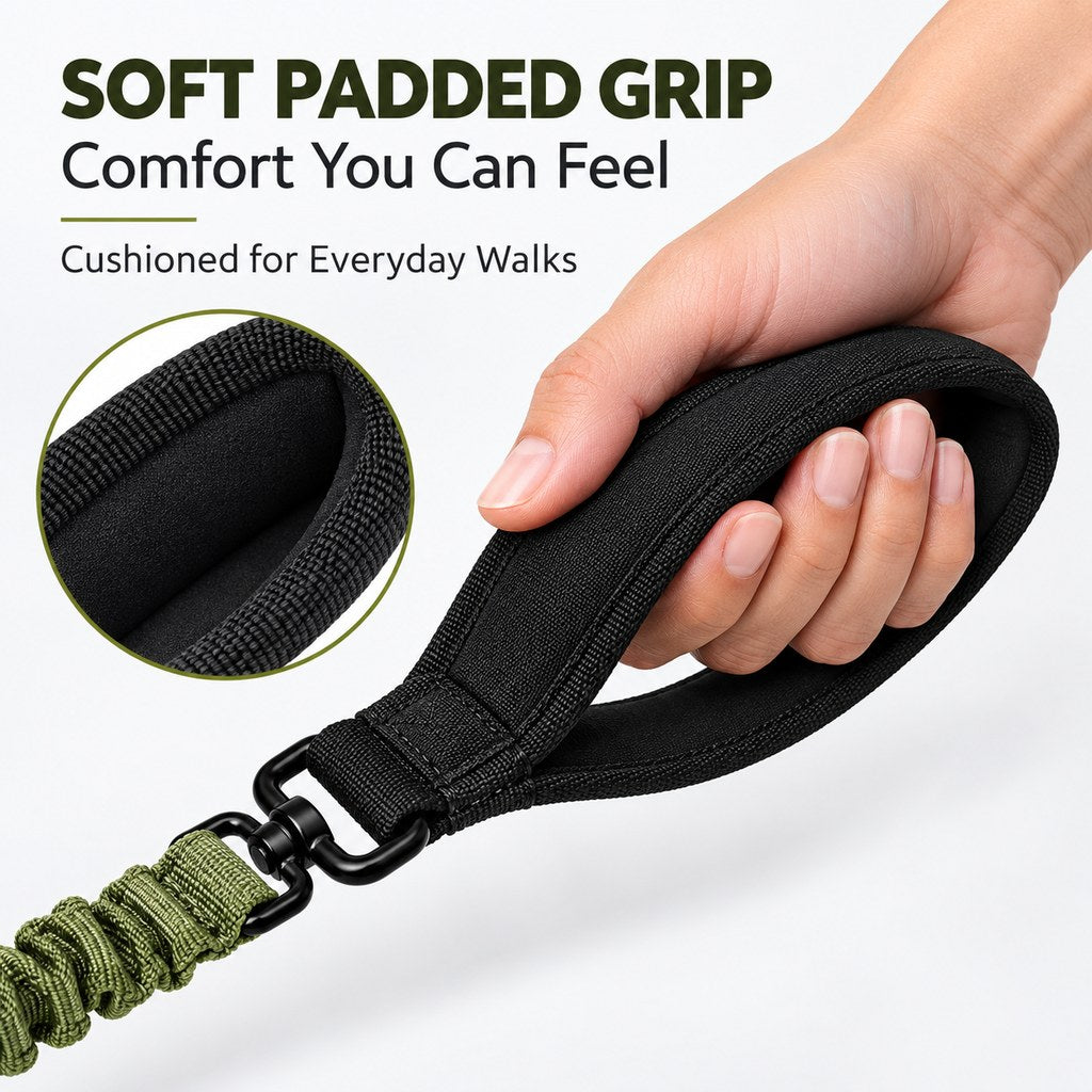 Soft padded main handle on dual handle dog leash