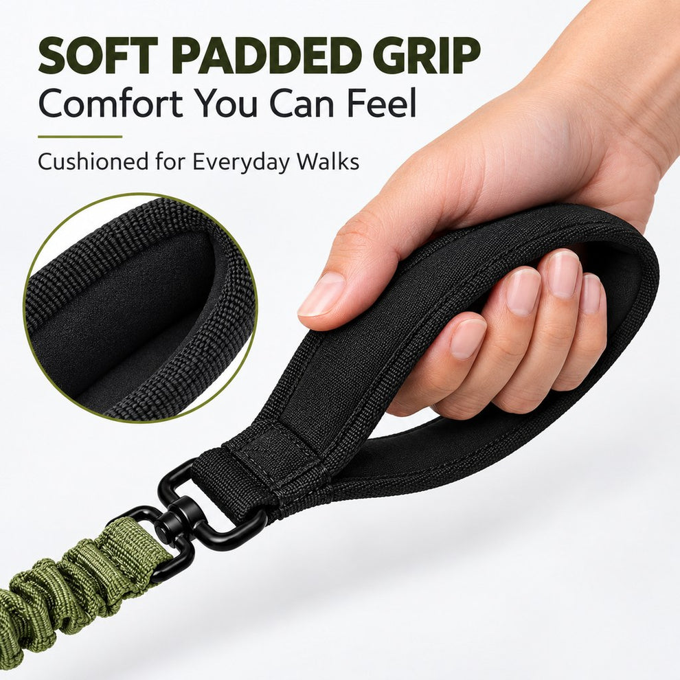 Soft padded main handle on dual handle dog leash