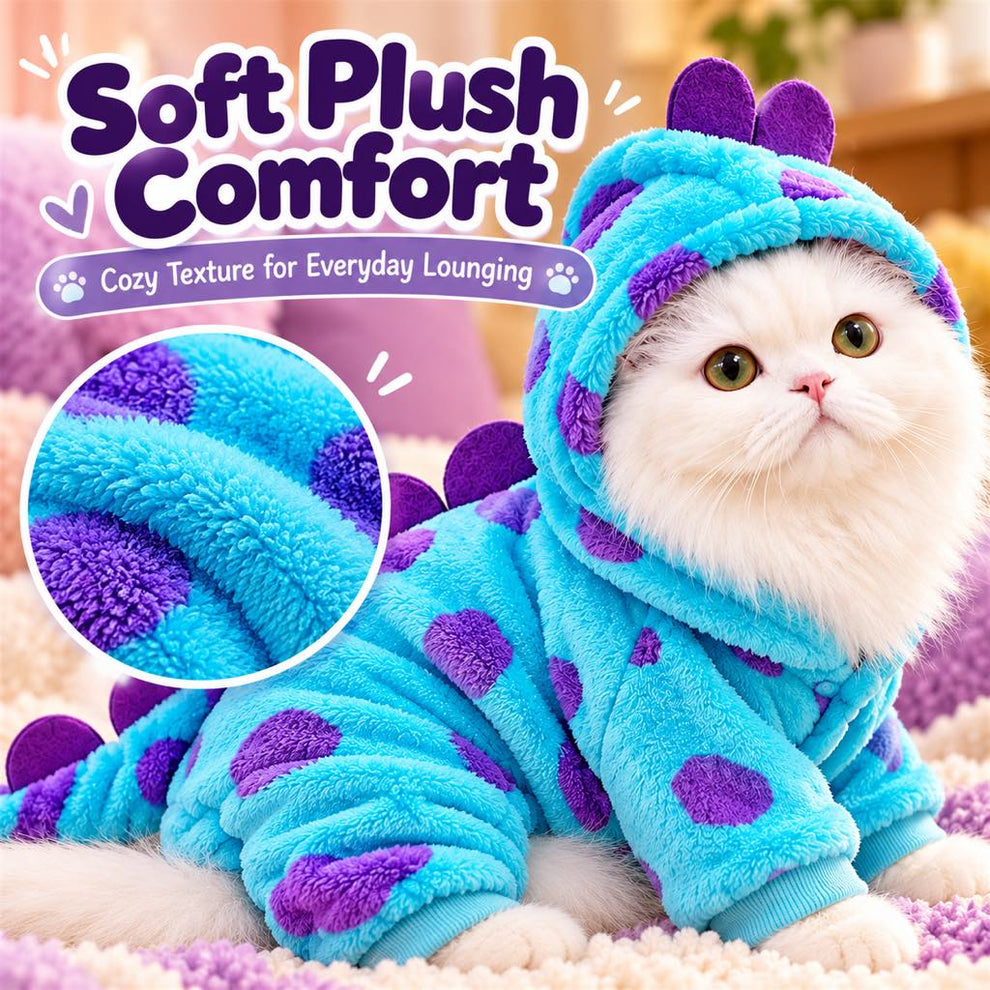 Soft turquoise and purple plush monster pet onesie on a white cat