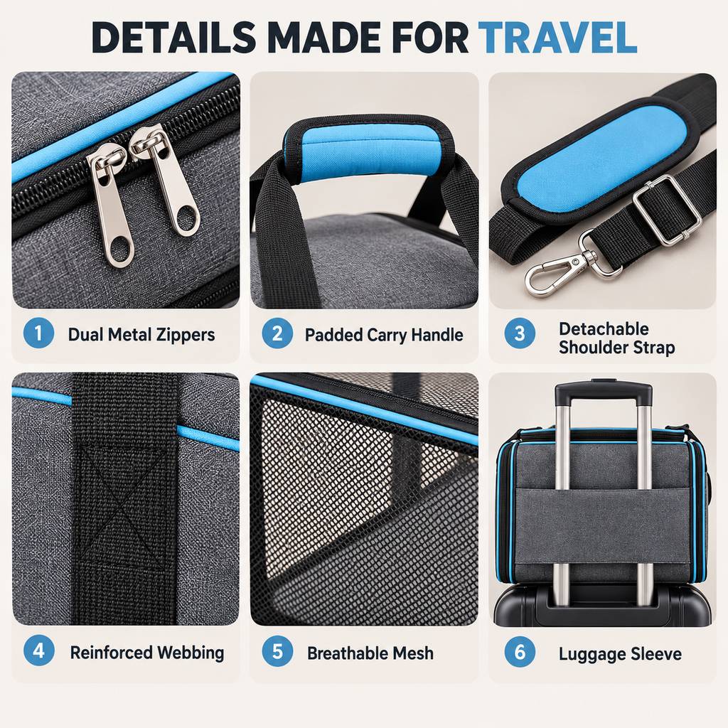 Zippers, carry handles, shoulder strap, webbing, mesh and luggage sleeve details