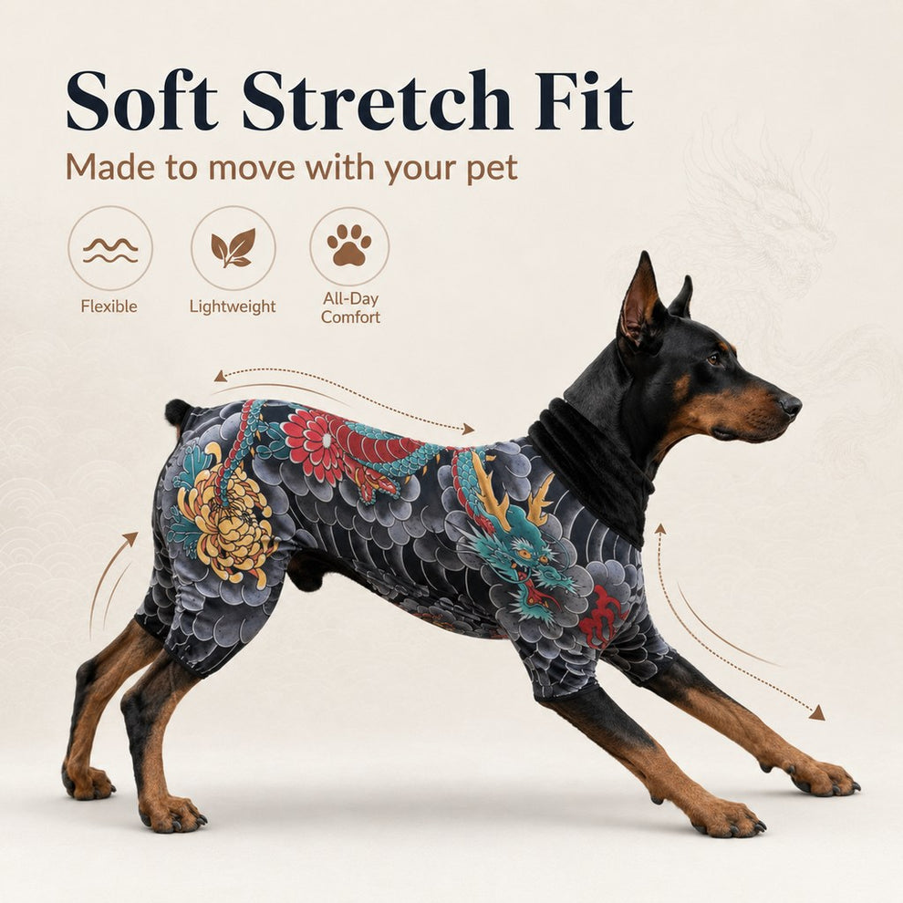 Paws in Awe Tattoo Print Dog & Cat Bodysuit for Walks & Photos - Soft Stretch Pet Onesie Helps Contain Loose Hair image 6