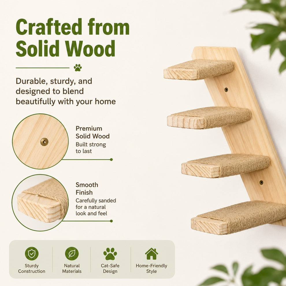Wall-Mounted Solid Wood Cat Steps for Shelves & Perches - Space-Saving Jute Climbing Ladder image 4