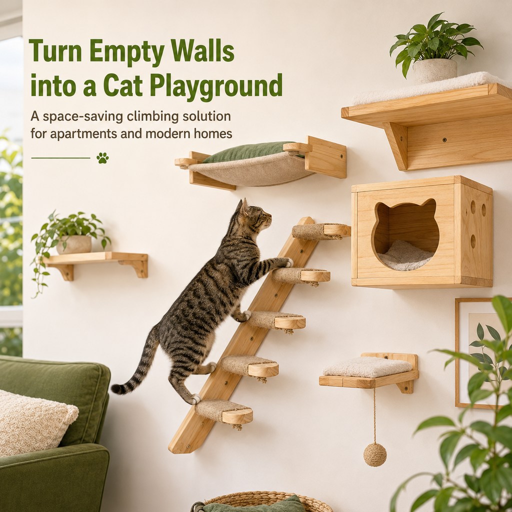 Wall-Mounted Solid Wood Cat Steps for Shelves & Perches - Space-Saving Jute Climbing Ladder image 3