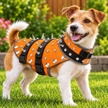 Orange spiked protective dog vest worn outdoors by a small dog