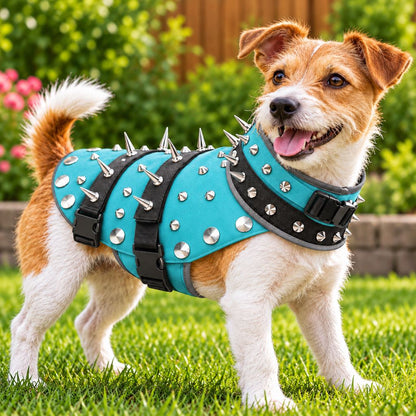 Turquoise spiked protective dog vest worn outdoors by a small dog