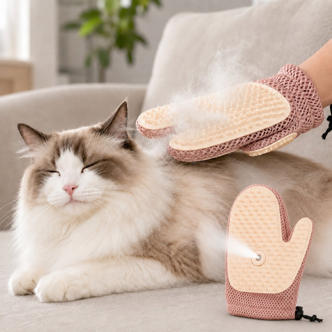 Blush pink spray grooming glove for cats and dogs.