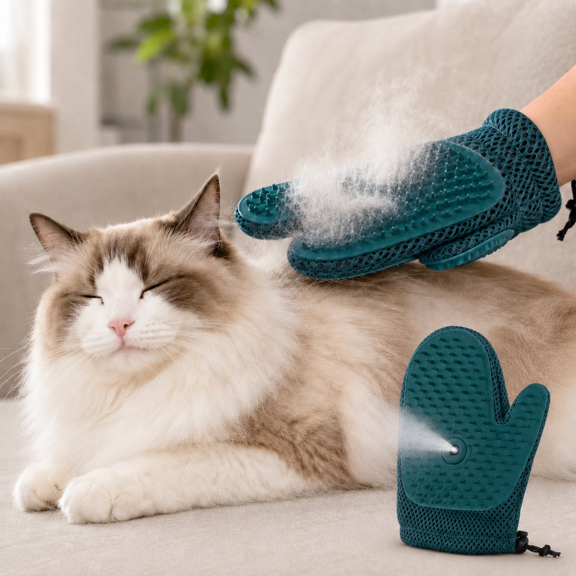 Deep teal spray grooming glove for cats and dogs.
