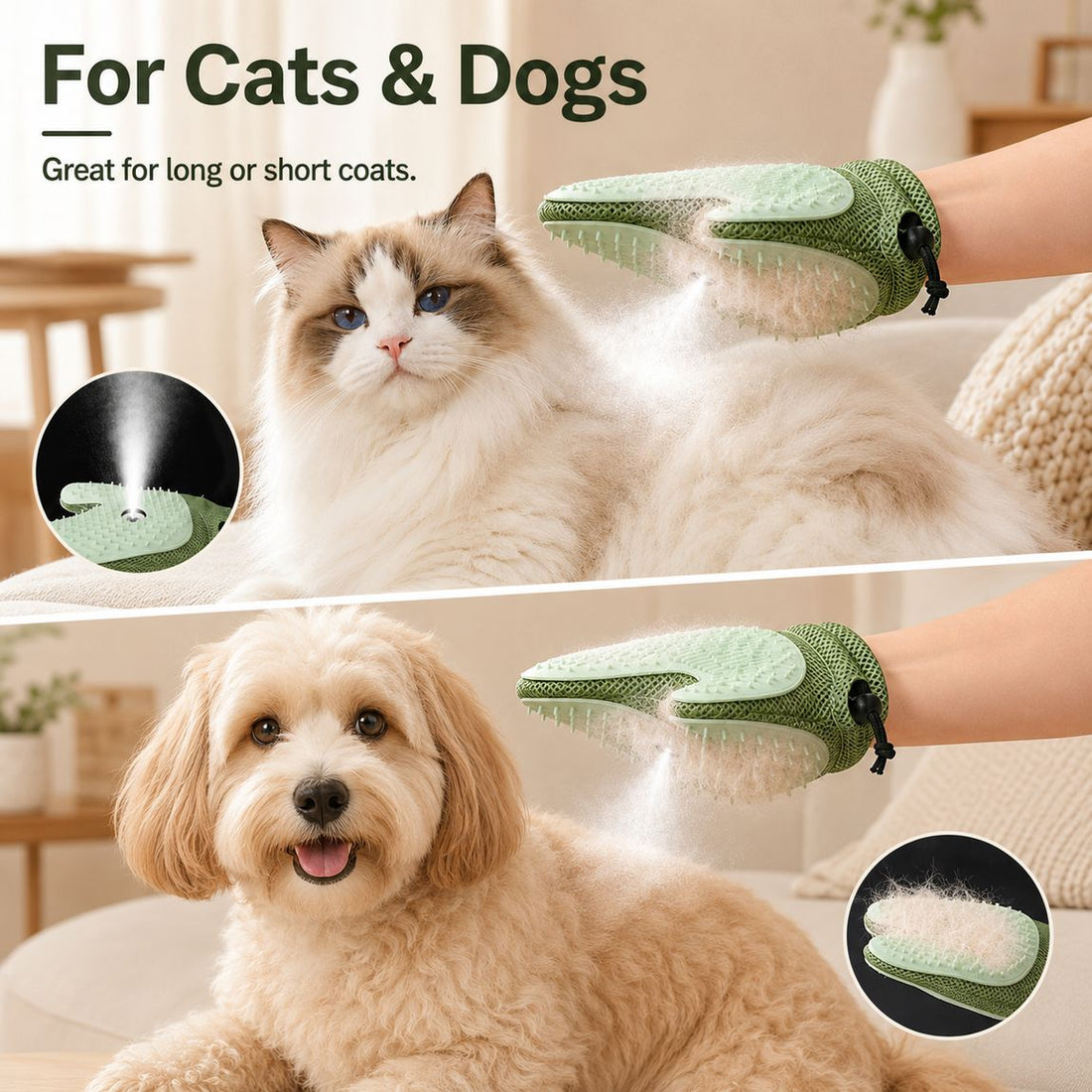 Easy 4 step use guide for the spray grooming glove.