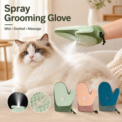 Fine mist spray grooming glove helps reduce flyaway fur and static.
