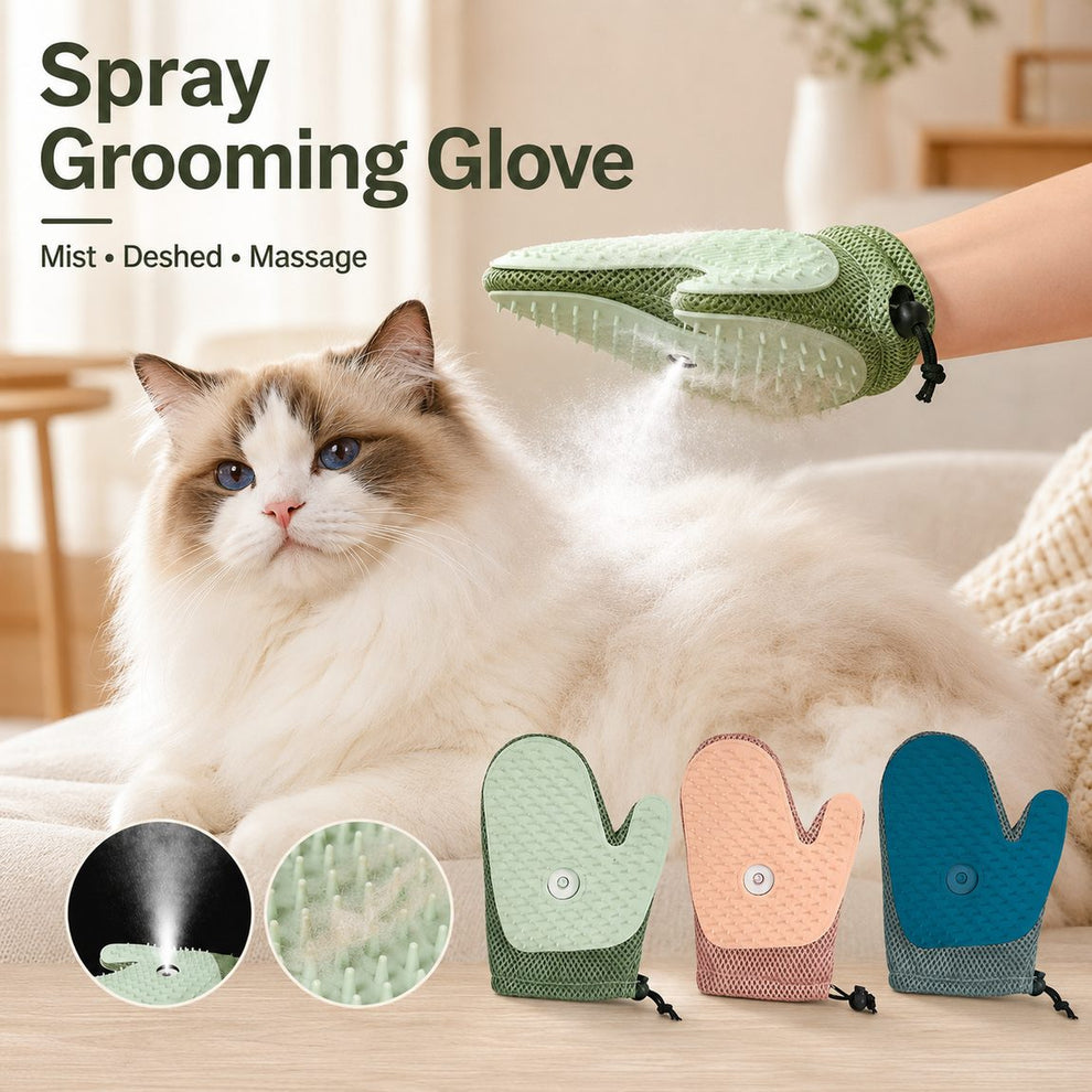 Fine mist spray grooming glove helps reduce flyaway fur and static.