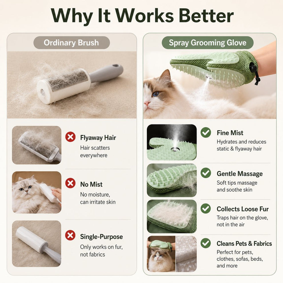 Flip the grooming glove to clean hair from clothes, sofas, and bedding.