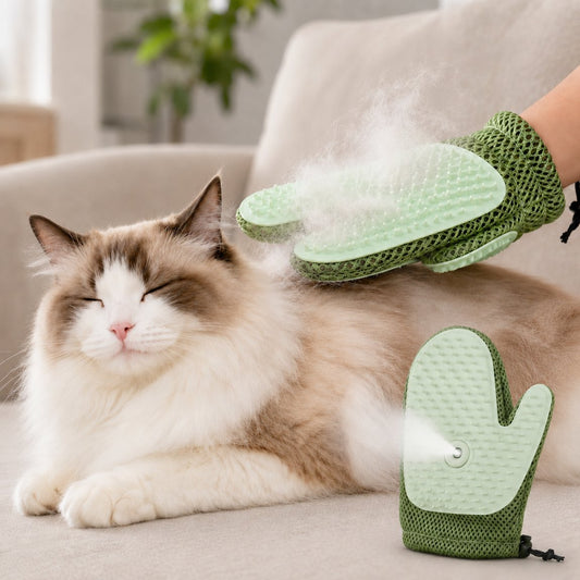 Spray pet grooming glove for cats and dogs in light green color.