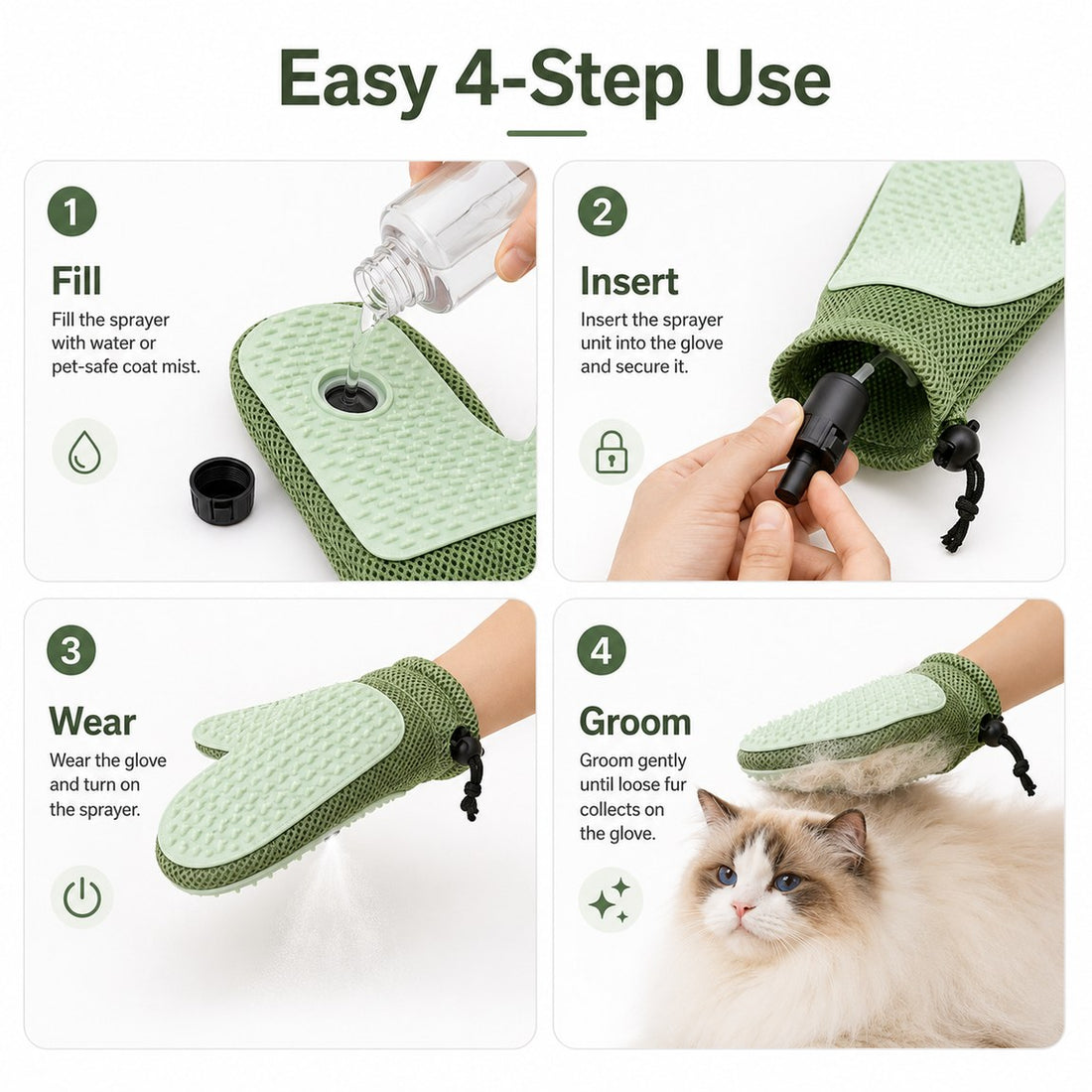 Product parameters for spray pet grooming glove with sizes, colors, and pack options.