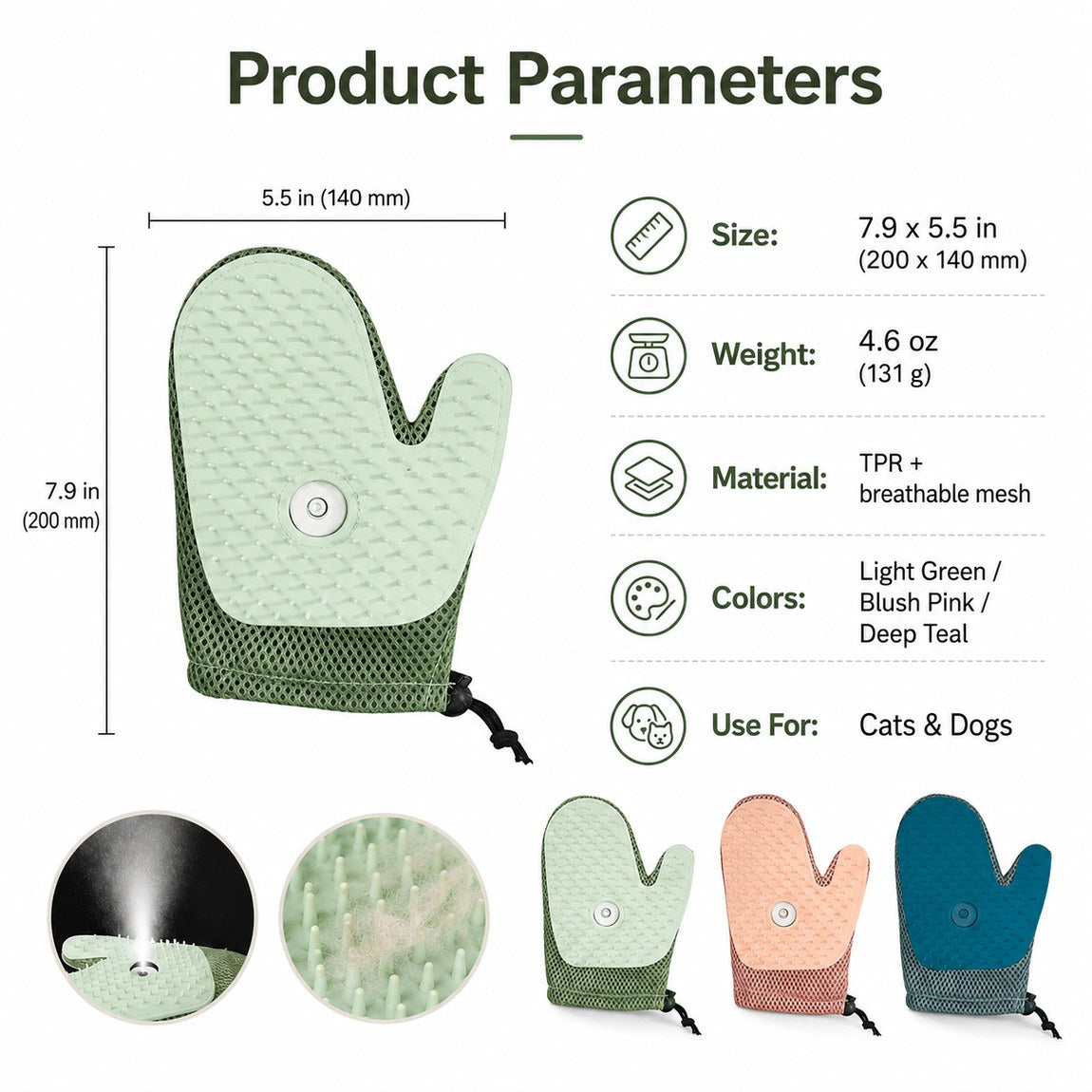 Spray grooming glove with mist, deshedding, and massage use.