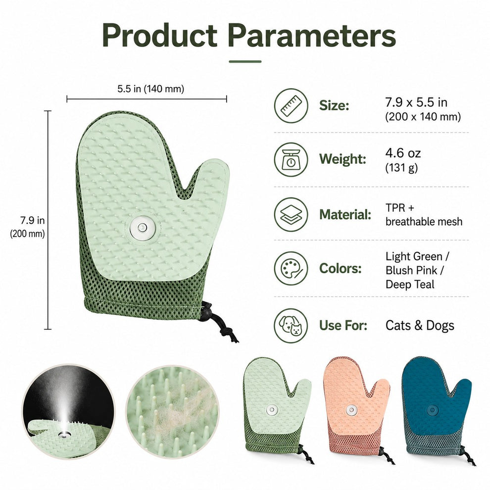 Spray grooming glove with mist, deshedding, and massage use.