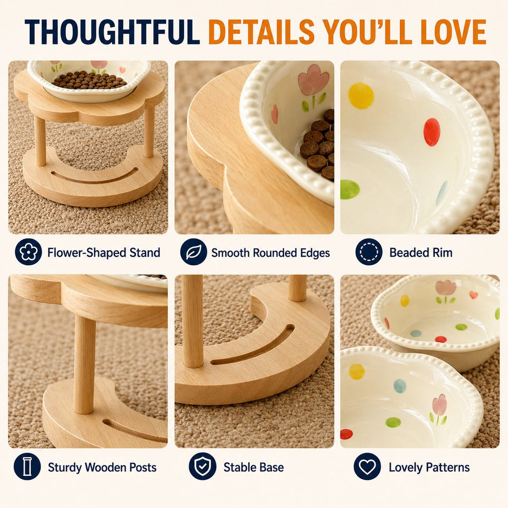 Paws in Awe Elevated Ceramic Pet Bowl with Wooden Stand for Cats & Small Dogs image 5