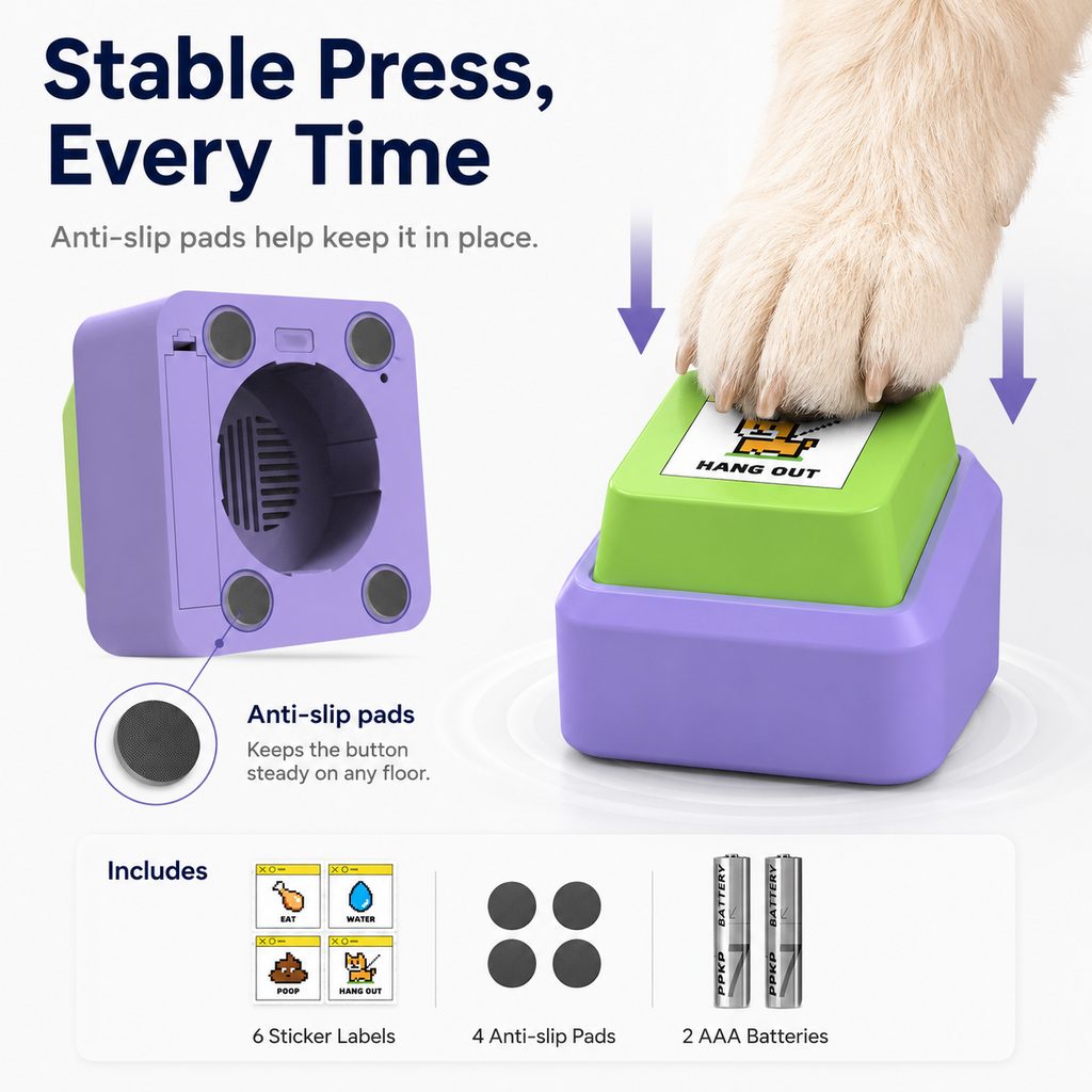 Stable press recordable pet button with anti-slip pads